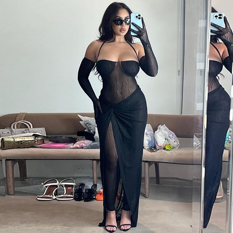Lagerfe 9948 Haltermesh See Through Bodysuit Slit Long Skirt Solid Women's Dresses 2022 Fashion Party Club American Clothing 