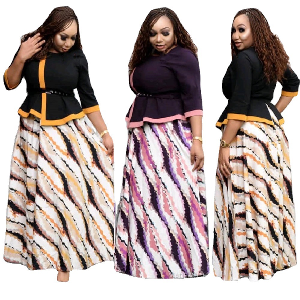 Amazom Hot Sale Fashion Africa &amp; Turkey Office Clothing Two Piece Set Dresses Long Sleeve Plus Size Women' Dresses With 2xl-6xl 