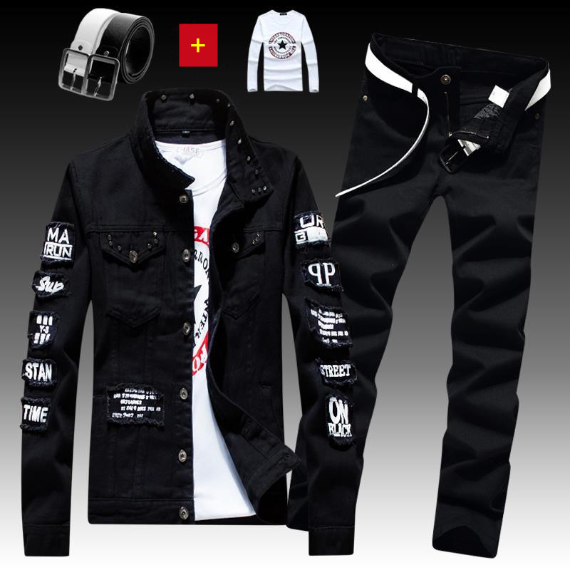 Men's Patch Jeans Two Piece Sets For Stretch Denim Jacket Ripped Hole Jean Autumn Winter 