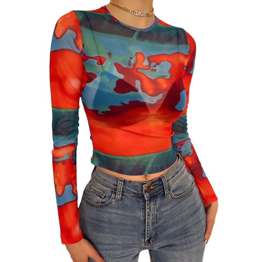 Summer Women Custom Logo Transparent T Shirts Long Sleeves Crew Neck Allover Printed Mesh Cropped Tops 