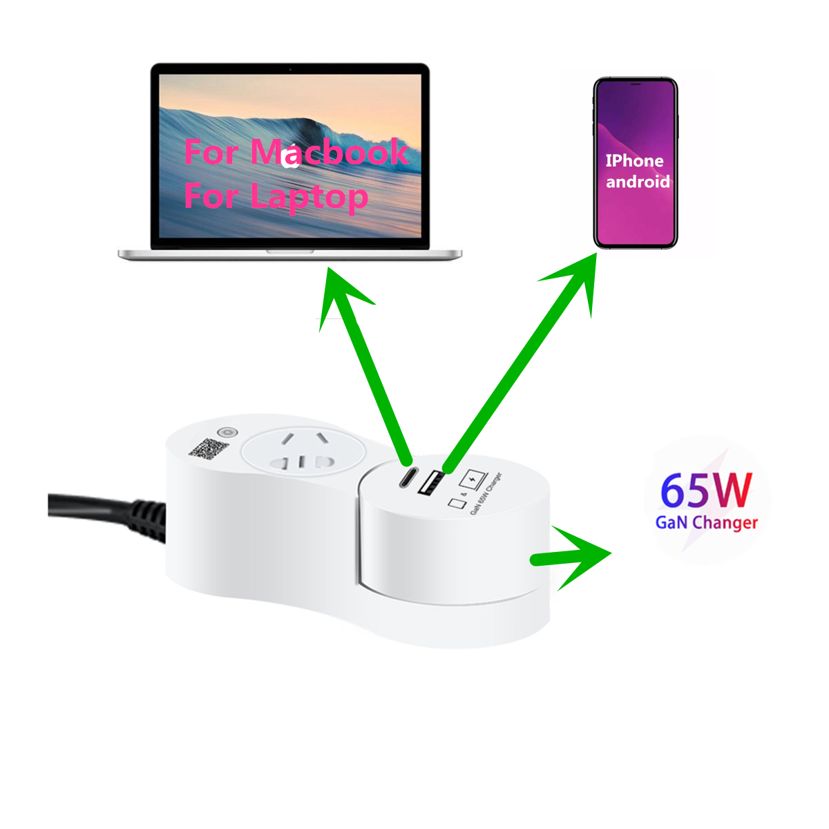 Smart Wifi Remote Control Laptop Adapter Computer Accessories Equipped Power Strip With 65w Gan Charger For Laptop 