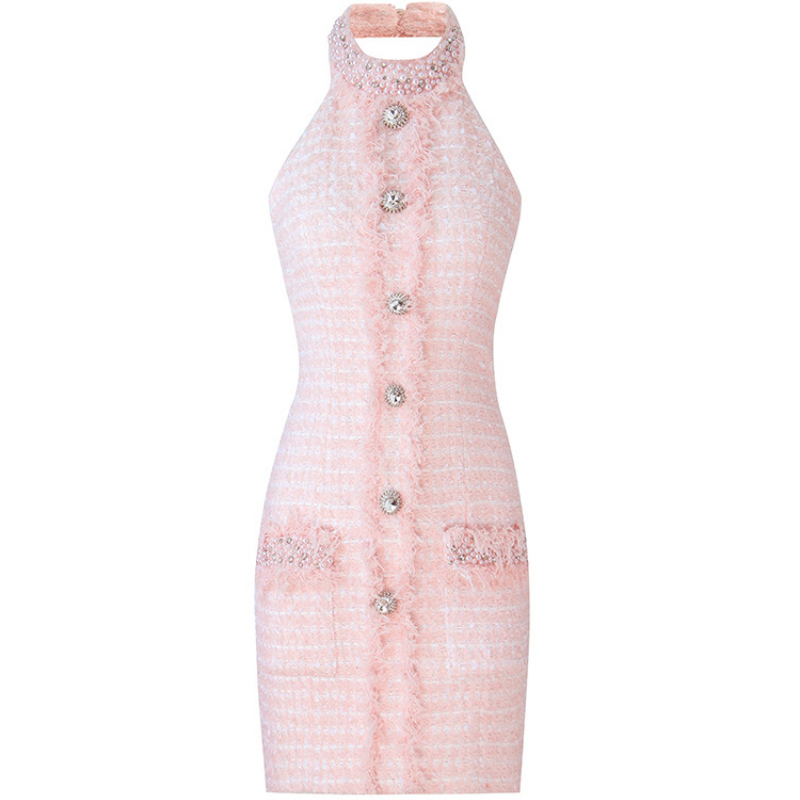 High Street Newest Fashion 2022 Designer Women's Diamonds Buttons Pearl Beaded Tassel Fringed Tweed Backless Halter Dress 