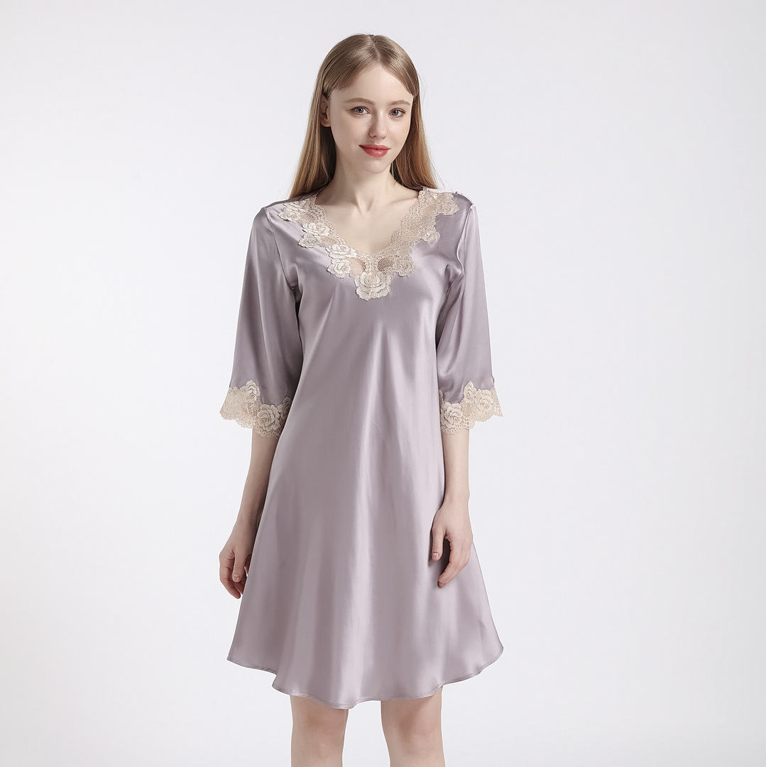 Hot Sale Short Sleeved Women's Nightdress Silk Thin Nightgown Silk Slip Sleepwear 