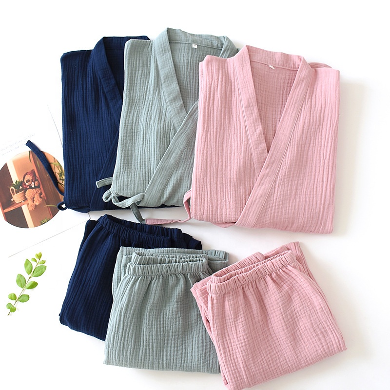 Long-sleeved Pajamas Plain Double-layer Gauze 100% Cotton Couple Nightgown Sets For Home Sleepwear 