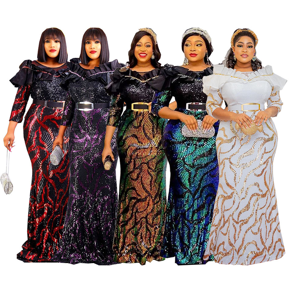 2022 New African Dresses For Women Formal Party Gowns Elegant Lady Sequin Bodycon Fringed Glitter Maxi Evening Dress With Belt 