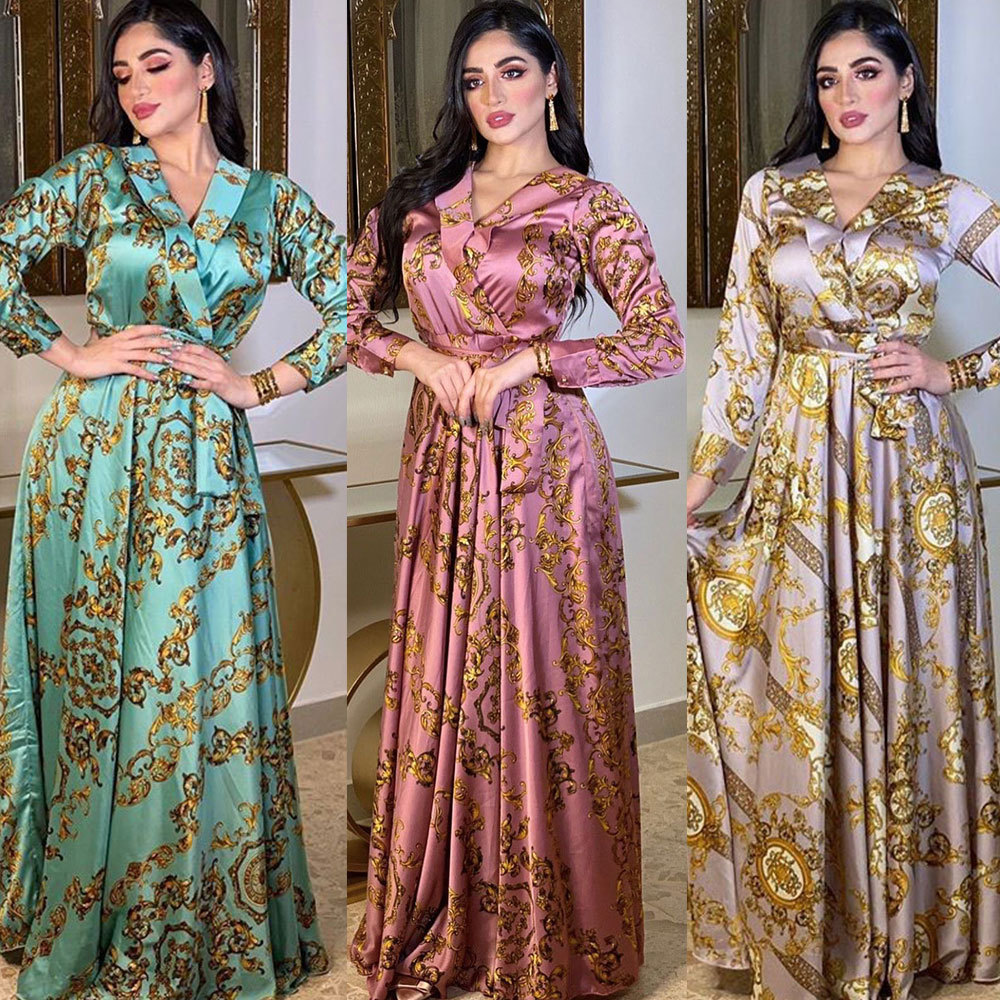 Mq025 Middle East Abaya Women Muslim Dress Elegant Floral Printing Evening Dresses Long Sleeves Maxi Dress Ladies Abaya Dubai 