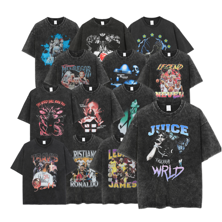 Custom Vintage Black Printed Heavyweight Large Graphic Tees Acid Washed T Shirt Men Oversize Crew Neck T Shirts 