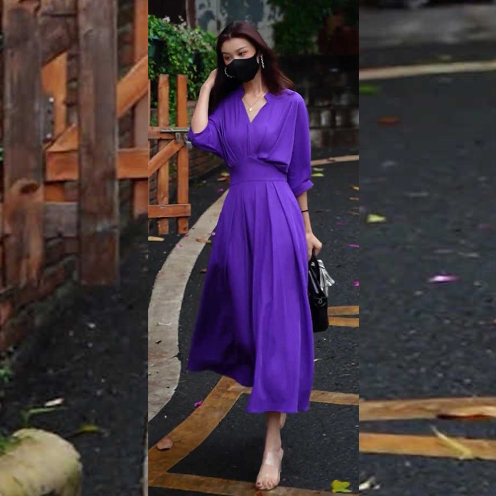 2022 New Women's Clothing Summer Purple High-end Waist V-neck Half Sleeve Long Casual Office Dress
