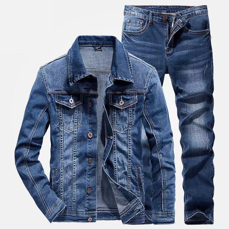 Custom Logo Men's Jeans Denim Jacket Men's Jeans Trousers Two Piece Sets Wholesale 