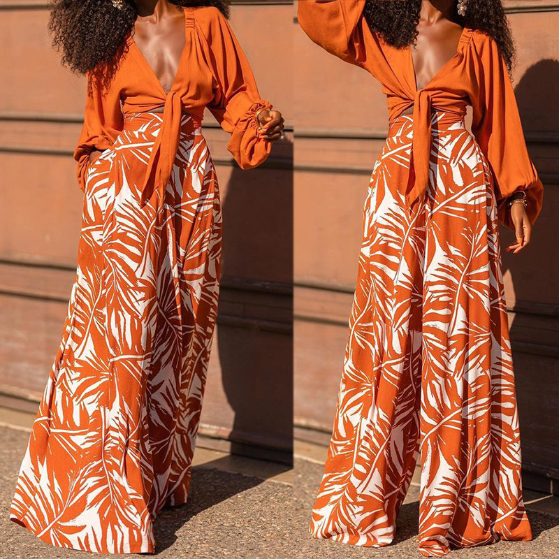 Stylish Temperament V Neck Women Graphic T Shirts High Waist Trousers Office Ladies Lace Up Blouse Printed Wide Leg Pants Set 