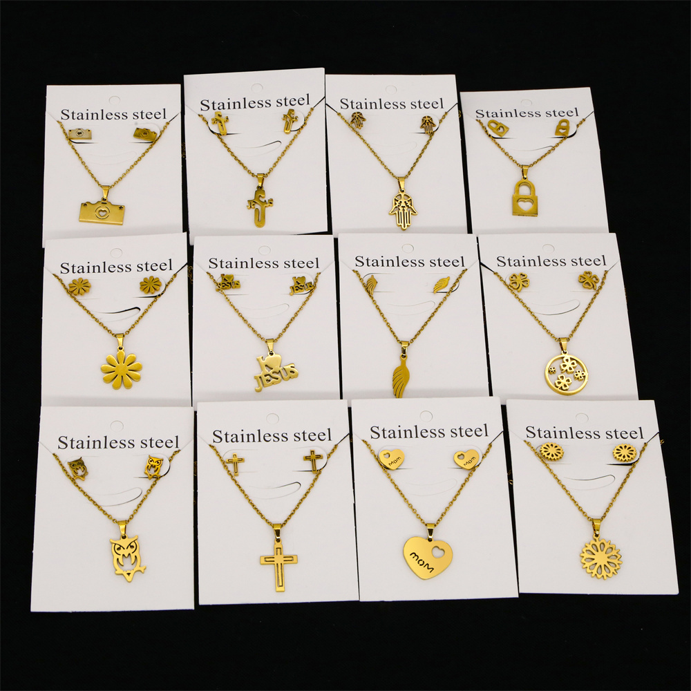 New Cheap Dubai 18k Gold Waterproof Plated Stainless Steel Pendant Bijoux Sandy Gift Necklace Earrings Jewelry Set For Women