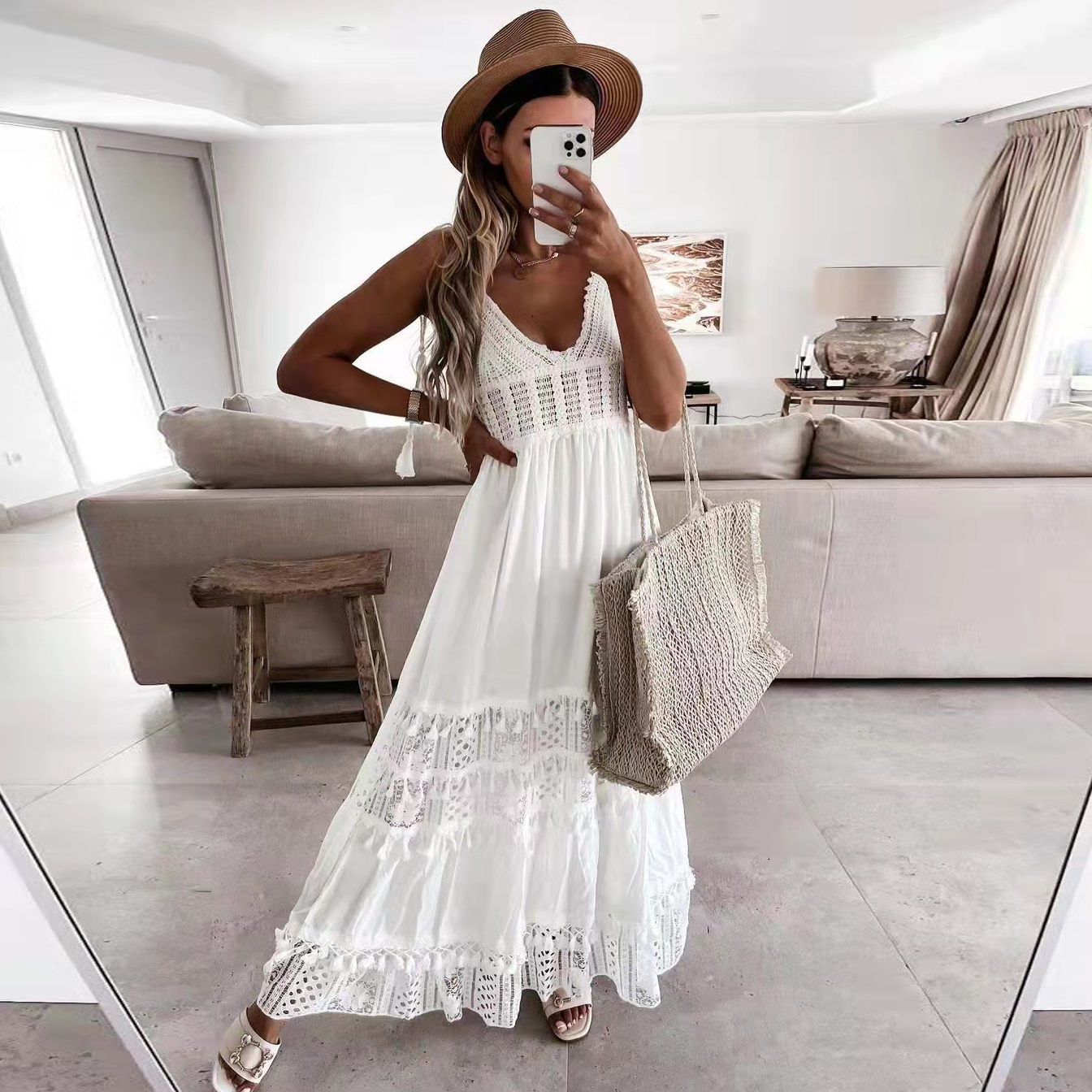 2022 Fashion Summer Dresses Plus Size Women's Dresses Boho Slip Long White Lace Beach Dress 