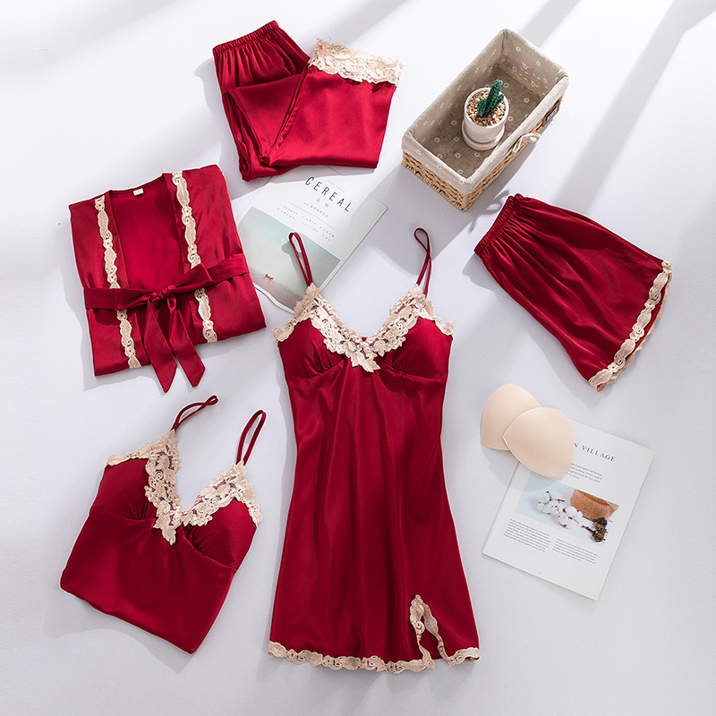 Satin Silk Pyjamas 5 Five Pcs Set Pajamas Robe Night Dress Women's Sexy Solid Sleepwear 