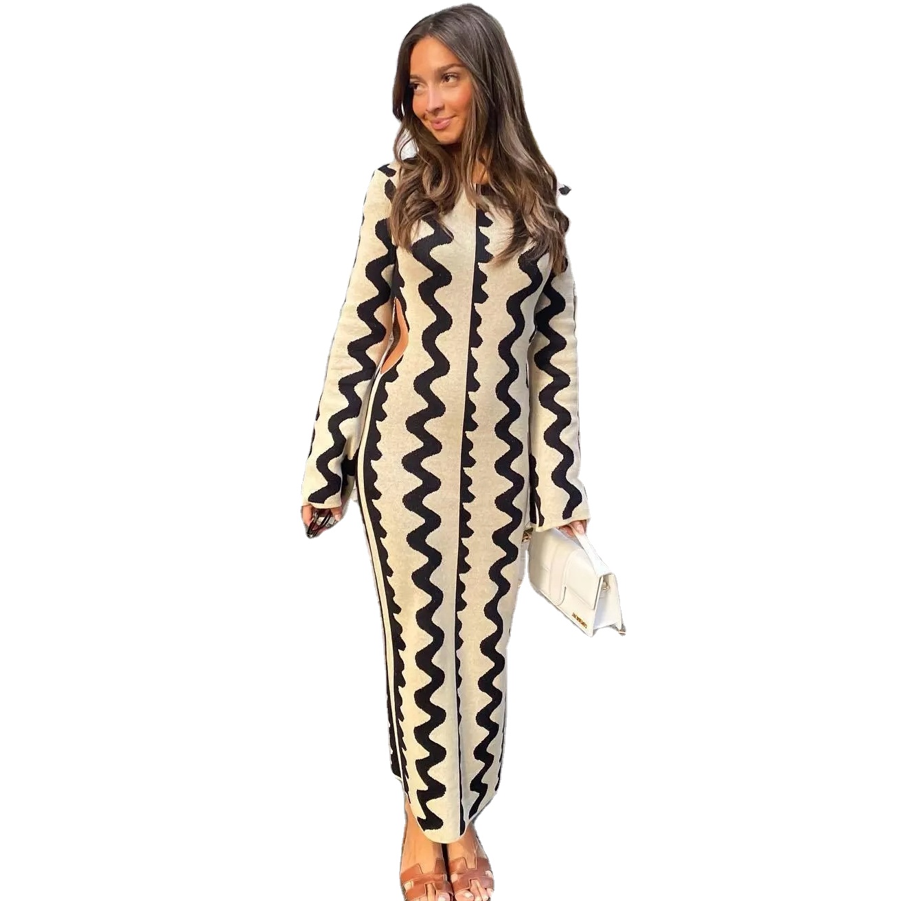 Fall 2023 New Arrival Women Long Sleeve Sexy Hollow Out Casual Elegant Dress Fashionable Ladies Maxi Dresses 