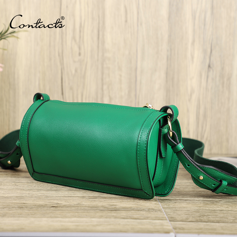 Contact's Brand Trend Genuine Leather Women Boston Bag Cylinder Shoulder Crossbody Purse Phone Bag 