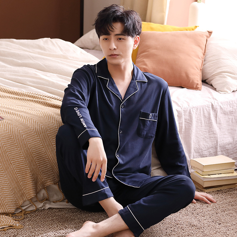 2201 Wholesale Mens Pyjamas 100% Cotton Pajamas For Men Long Sleeve Two Piece Pajama Set Top &amp; Pants Men's Sleep Wear 