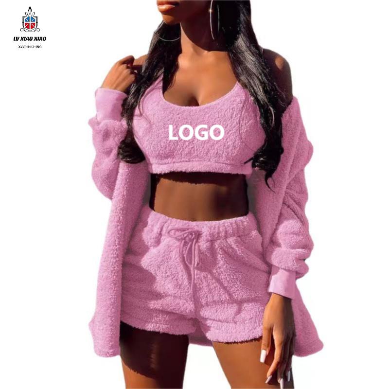 Lxx Ins Winter Warm Fuzzy Flannel Sleepwear With Robe Cozy Lounge Wear Set Women Pajamas;3 Piece Set Casual Women's Sleepwear 