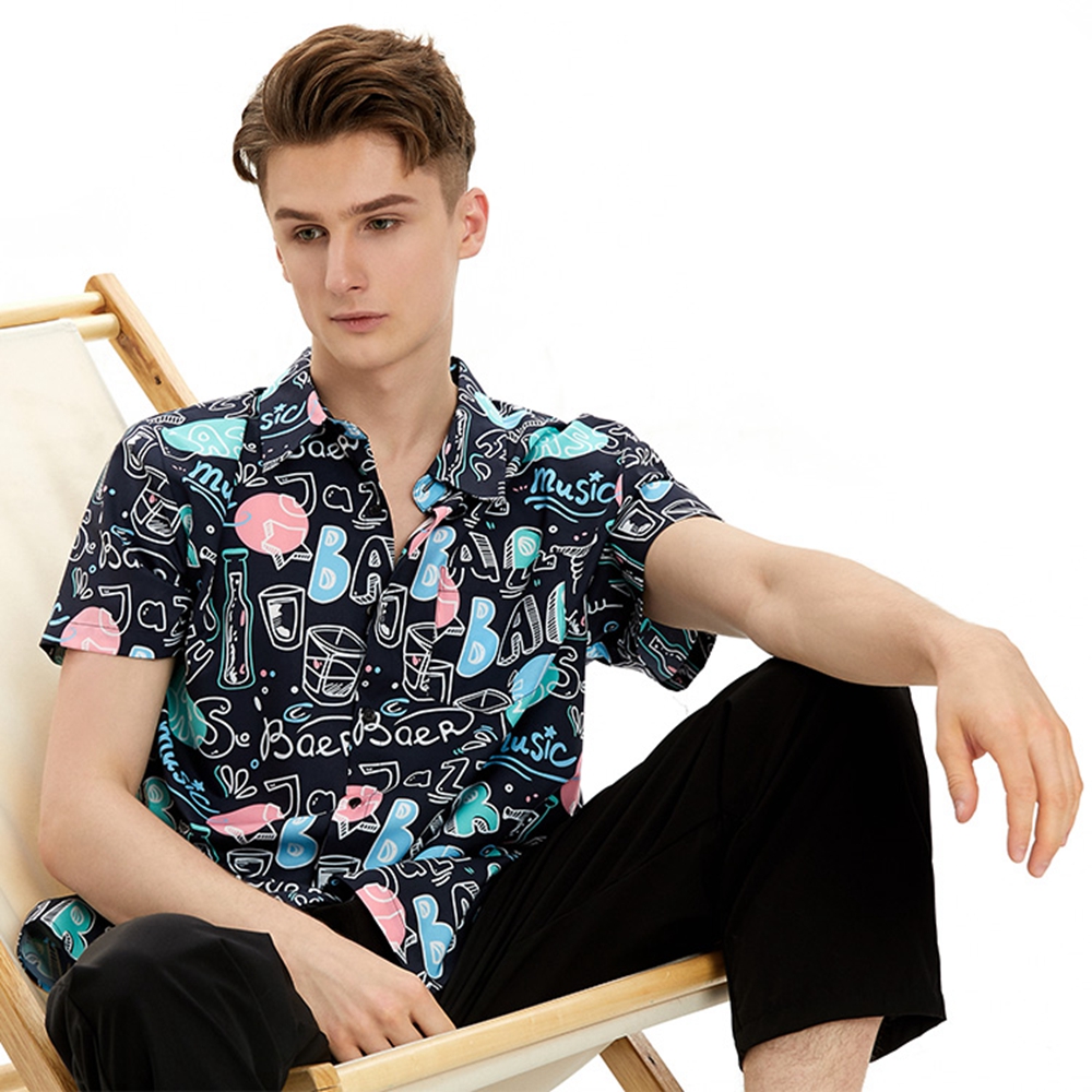 New Design Men's Hawaiian Digital Printing Shirt Summer Men Button Ups Shirt Sublimation Letter Print Short Sleeve Blue Shirts 