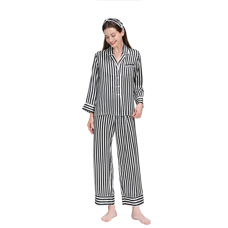 Jindou Wholesale Stripe Pure Silk Sleepwear Pajamas Set Plus Size Pajama V-neck Women's Pajamas 