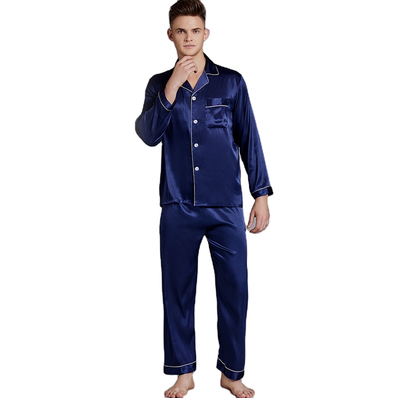 Classic Silk Button Down Sleepwear Man's 2 Piece Long Sleeve Pajama Pants Set Spring Autumn Casual Wear 