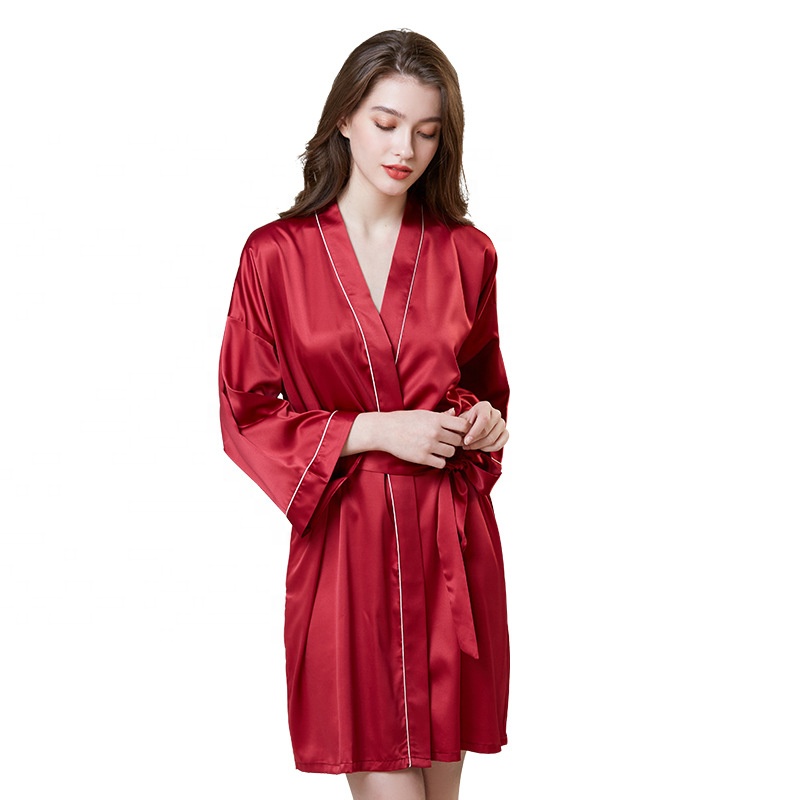 High Quality Deep V-neck Silk Satin Dress Sleepwear Belt Bow Robe Loungewear Nighty Pajamas Sexy Button Up Women's Sleepwear 