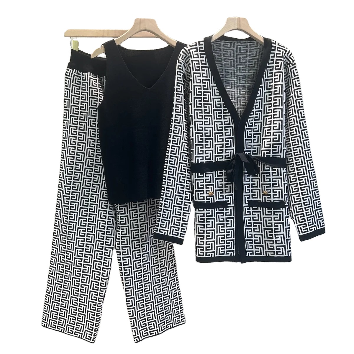 Spring Autumn 3 Piece Women Cardigan Tracksuits Sexy Vest Long Sleeve Shawl Cardigan Coat Wide Leg Pant Women's Knitted Suit