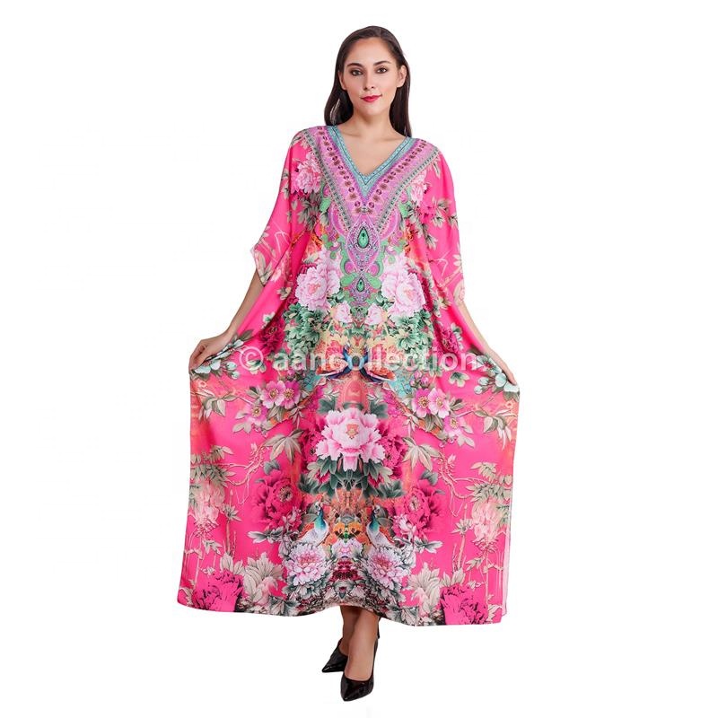Long Pure 100% Silk Kaftan Maxi Dress Beach Cover Up Caftan Women's Plus Size Kaftans Boho Bohemian Bikini Coverup Fuchsia 500 
