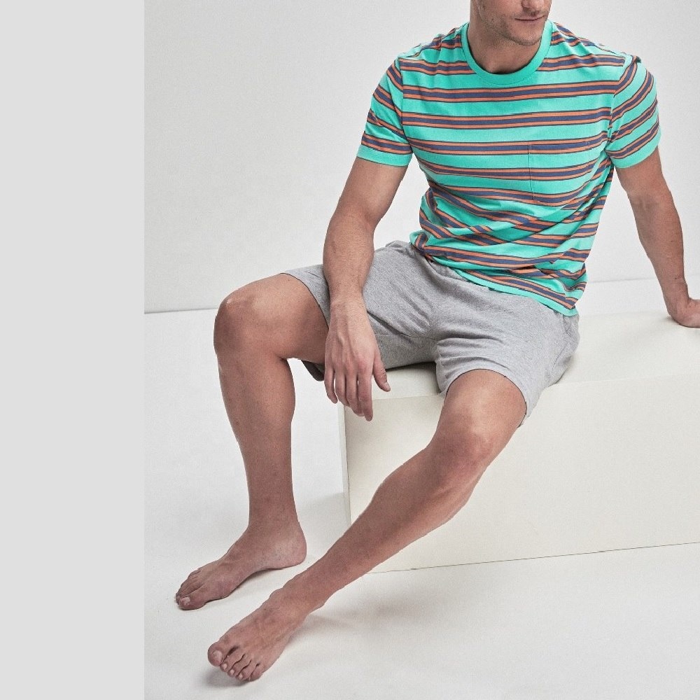 Stripes Short Sleeve Top And Shorts Pajama Set Men's Casual Wear Loungewear Cotton Jersey Summer Pajama Set Nightwear Sleepwear 