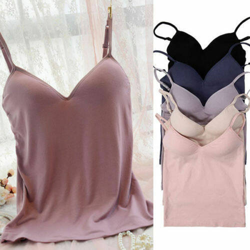 Women Casual Plain Padded Bra Spaghetti Strap V Neck Vest Cami Sleeveless Tank Tops Shirt Blouse For Singlet Women
